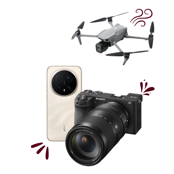 Matériel de tournage de Laura Sireta : appareil photo Sony A6700, smartphone Honor Magic Pro 8 et drone DJI